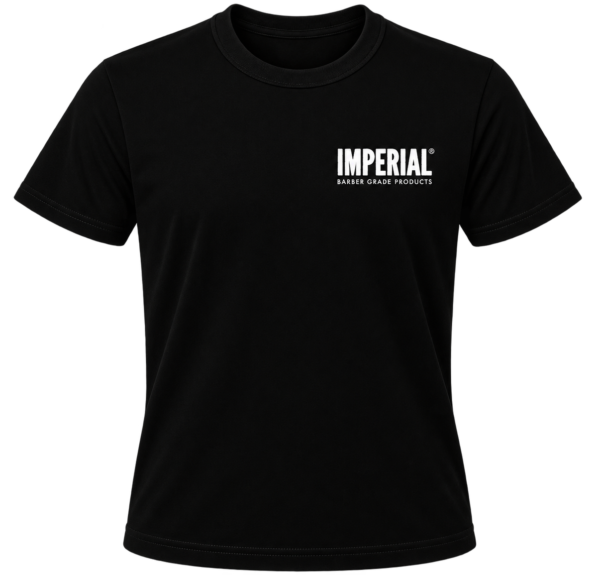 Front view of a black Imperial Barber Grade Products t-shirt with the Imperial logo printed in white on the left chest.