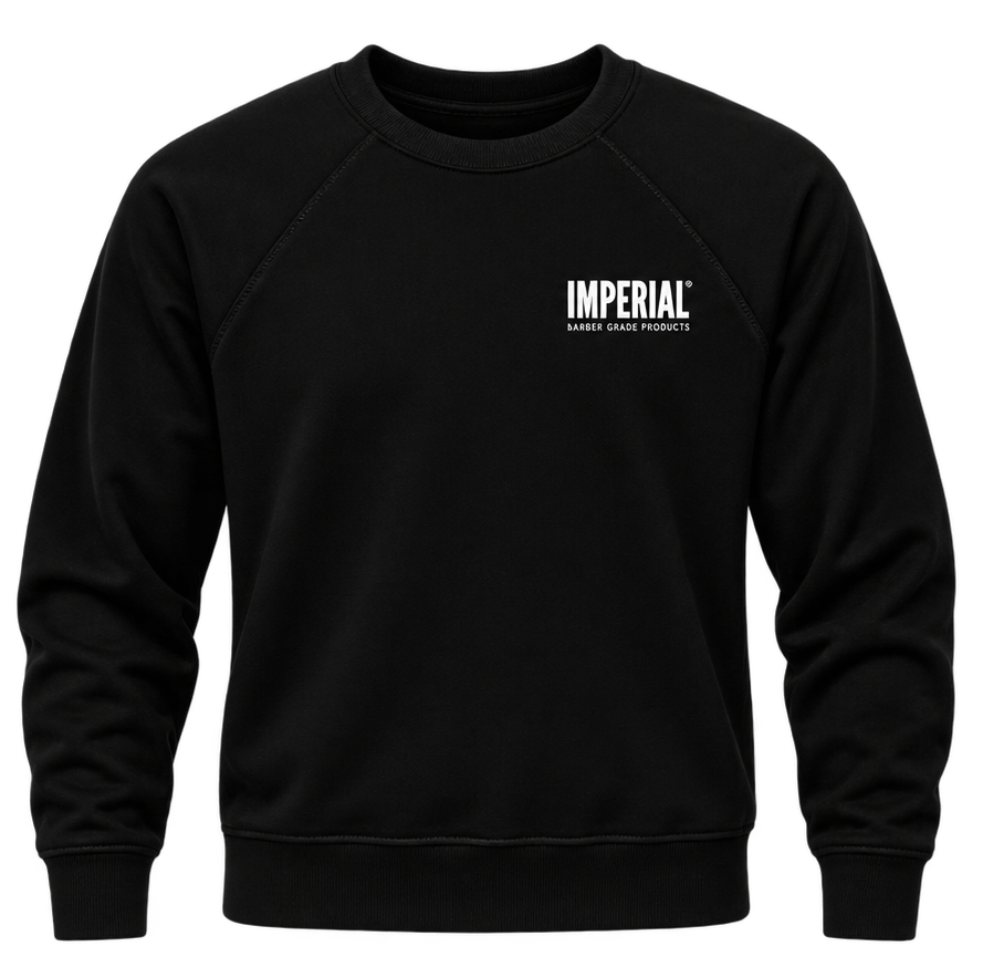 Front view of the black Imperial Barber Grade Products crewneck sweatshirt, showing a small white Imperial logo on the left chest.