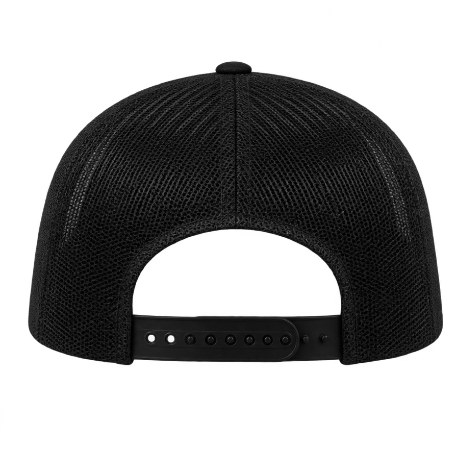Back view of the black Imperial Barber Grade Products trucker hat, showing the mesh panel and adjustable snapback closure.