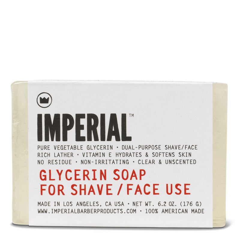 Imperial Glycerin Soap for Shave and Face Use, 6.2 oz bar in its paper wrap, labelled pure vegetable glycerin, clear and unscented, made in Los Angeles.