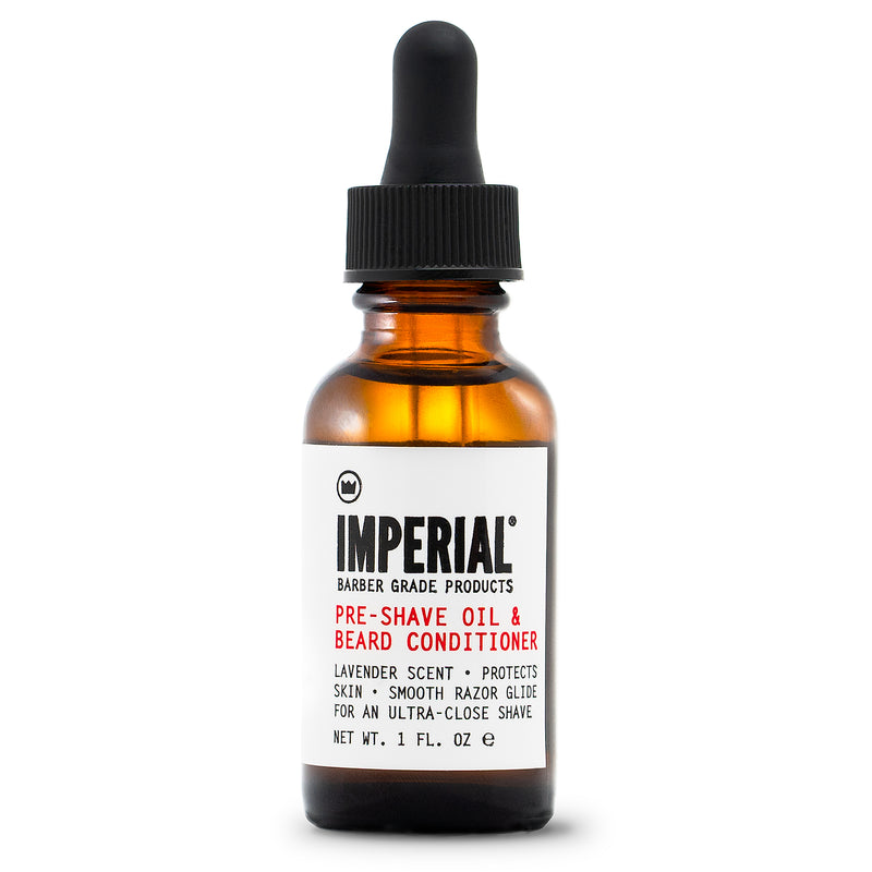Imperial Barber Grade Products Pre-Shave Oil and Beard Conditioner in a 1 fl oz amber dropper bottle, lavender scent.