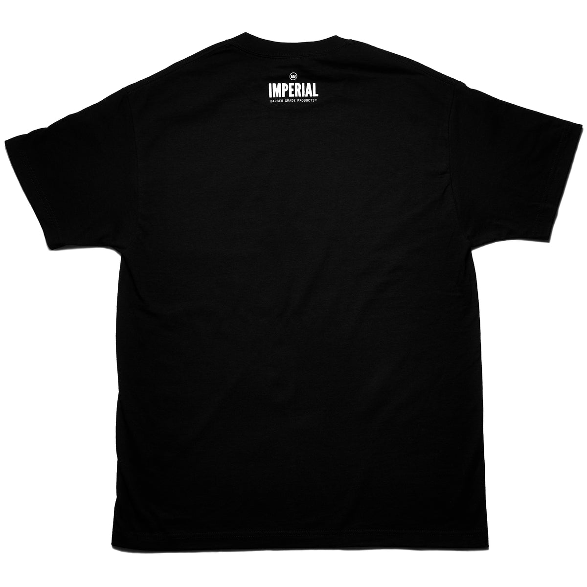 Back view of a plain black Imperial Barber Grade Products t-shirt with a small white Imperial logo printed at the neckline.