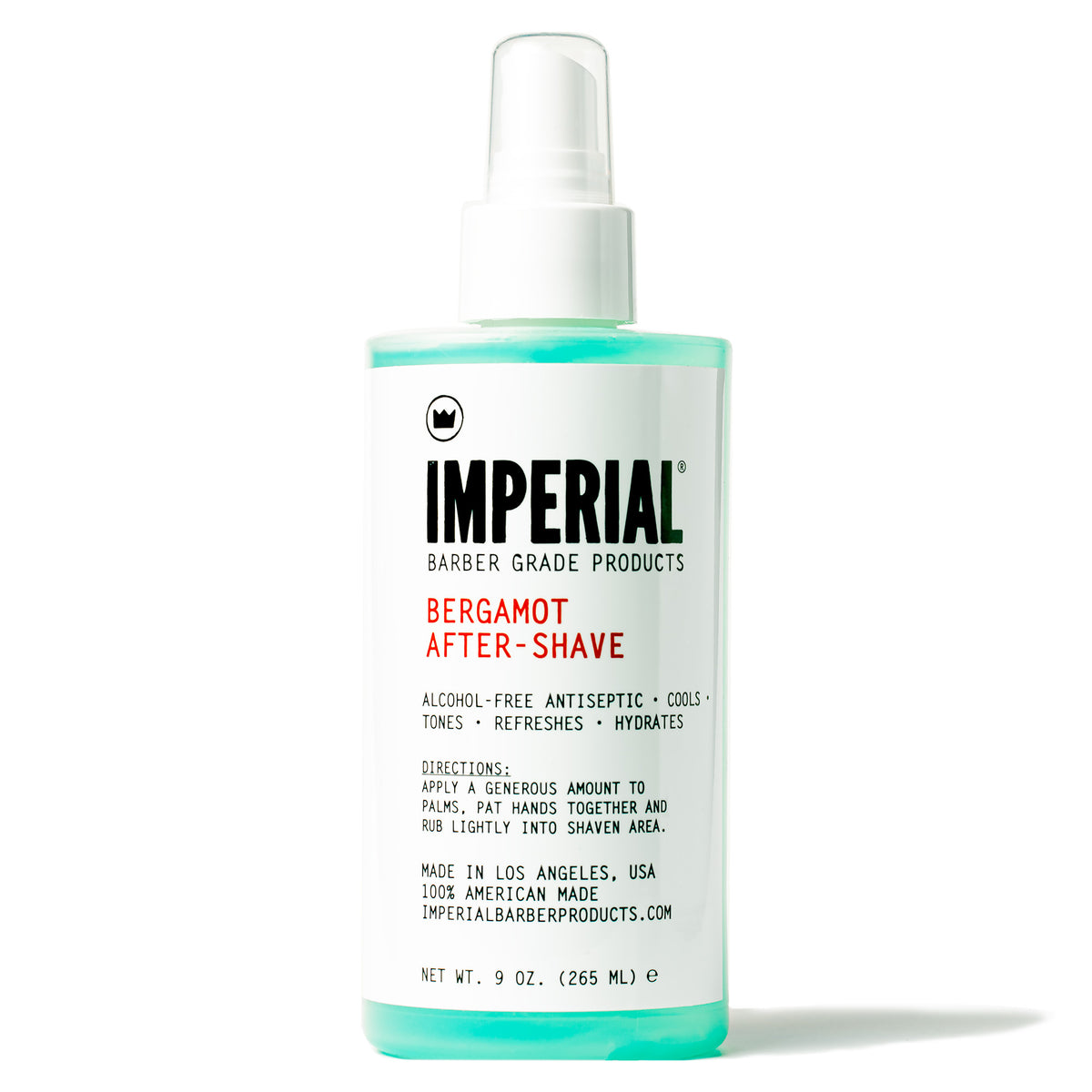 Front of a 9 oz Imperial Barber Grade Products Bergamot After-Shave spray bottle, showing the alcohol-free antiseptic formula label.