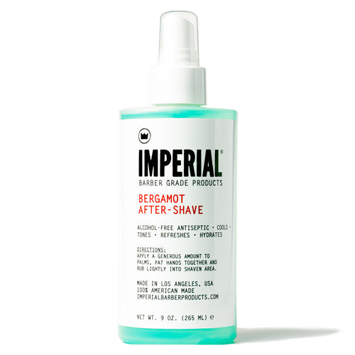 Front of a 9 oz Imperial Barber Grade Products Bergamot After-Shave spray bottle, showing the alcohol-free antiseptic formula label.