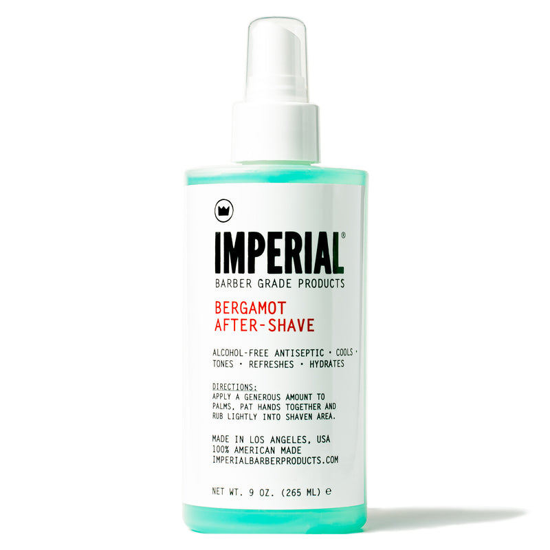 Front of a 9 oz Imperial Barber Grade Products Bergamot After-Shave spray bottle, showing the alcohol-free antiseptic formula label.