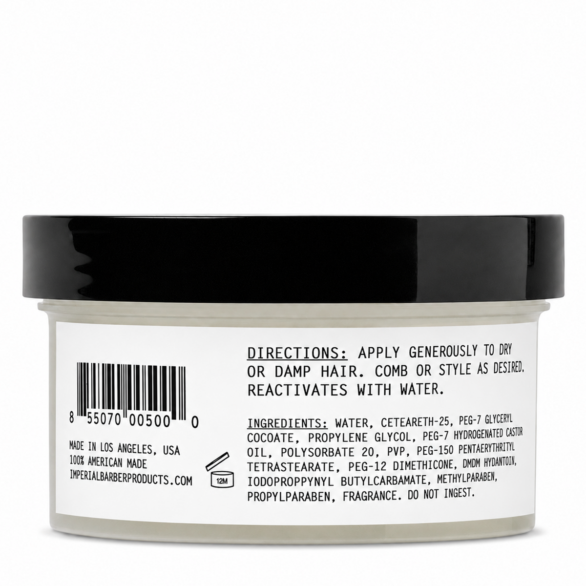 Back label of the Imperial Classic Pomade 6 oz tub showing directions, full ingredient list, and a Made in Los Angeles, USA note.