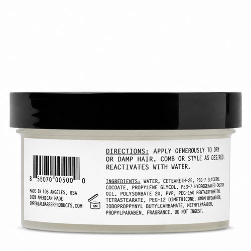 Back label of the Imperial Classic Pomade 6 oz tub showing directions, full ingredient list, and a Made in Los Angeles, USA note.