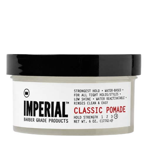 Front view of Imperial Classic Pomade in a 6 oz clear tub with black lid, labelled water-based, strongest hold, low shine, hold strength 4.