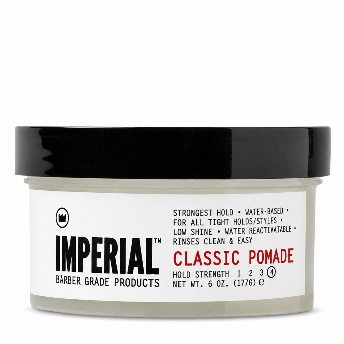 Front of the Imperial Classic Pomade 6 oz tub, labelled hold strength 4, water-based, strongest hold, low shine, water reactivatable.