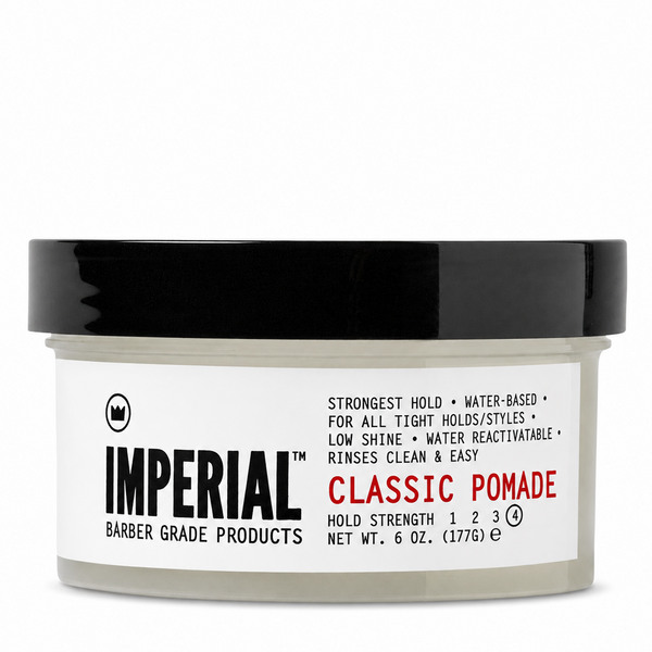 Front of the Imperial Classic Pomade 6 oz tub, labelled hold strength 4, water-based, strongest hold, low shine, water reactivatable.