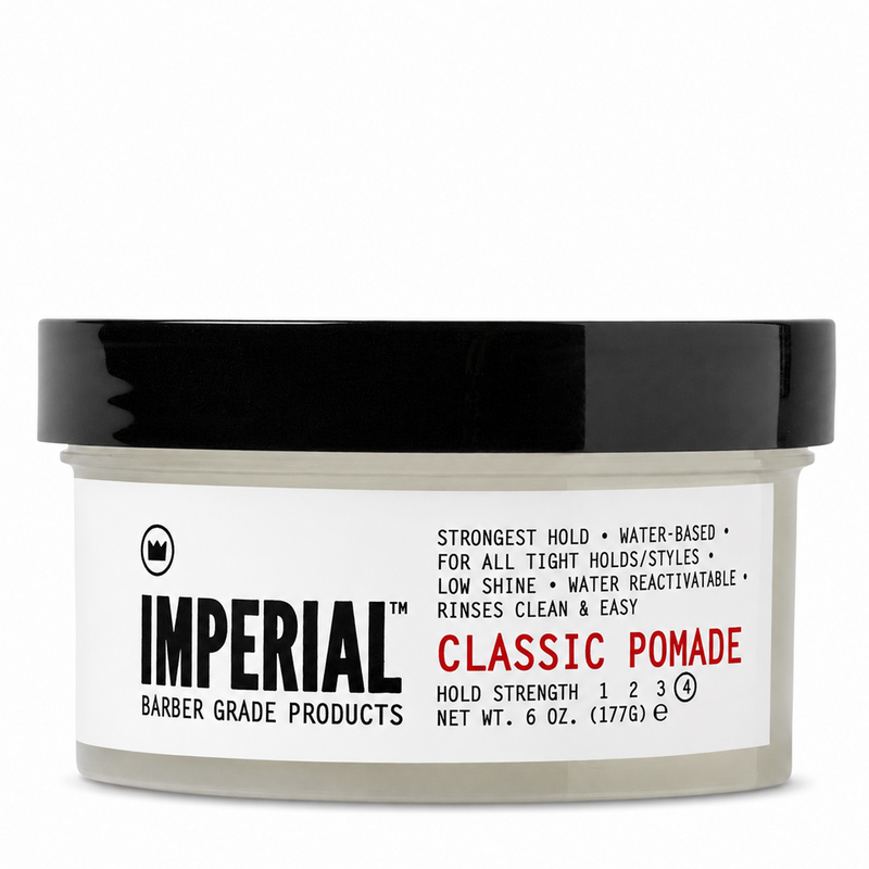 Front of the Imperial Classic Pomade 6 oz tub, labelled hold strength 4, water-based, strongest hold, low shine, water reactivatable.