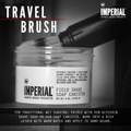 Imperial Travel Brush being worked into an open Imperial Field Shave Soap Canister 6 oz, with on-image text describing use for traditional wet shaving.