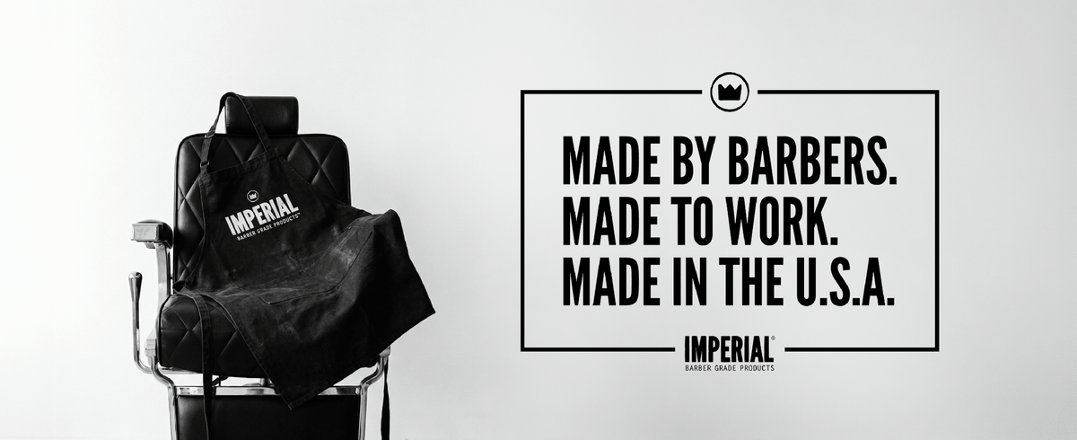 Imperial Barber Grade Products homepage hero banner: a barber chair draped with an Imperial-branded apron beside the text "Made by Barbers. Made to Work. Made in the U.S.A.".