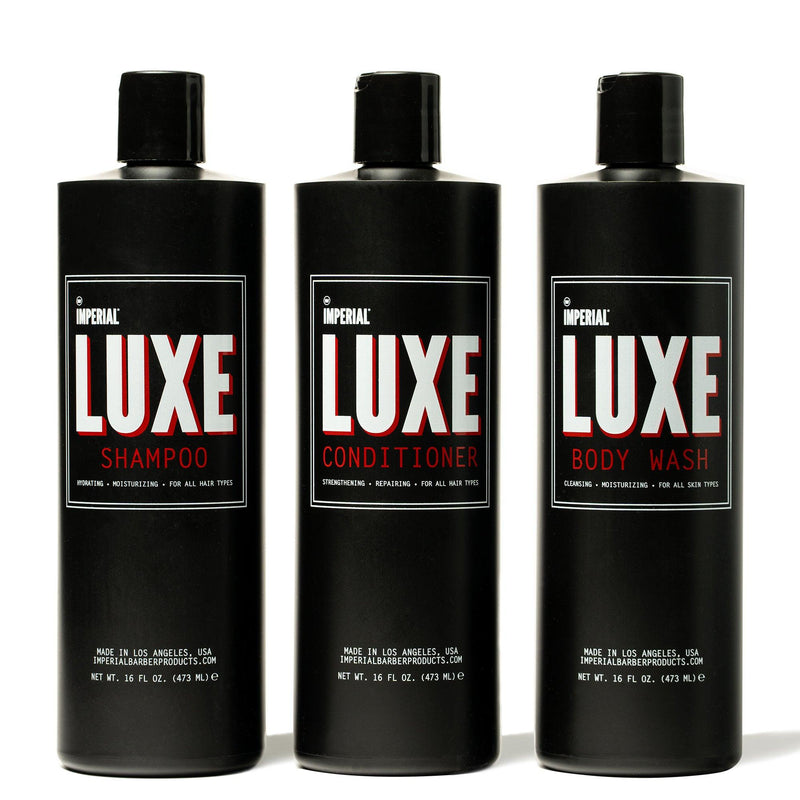 Three 16 fl oz black bottles of the Imperial Luxe Collection: Shampoo, Conditioner, and Body Wash, side by side.