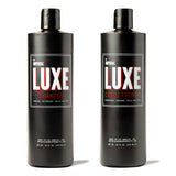 Two 16 fl oz black bottles of Imperial Luxe Shampoo and Luxe Conditioner standing side by side.