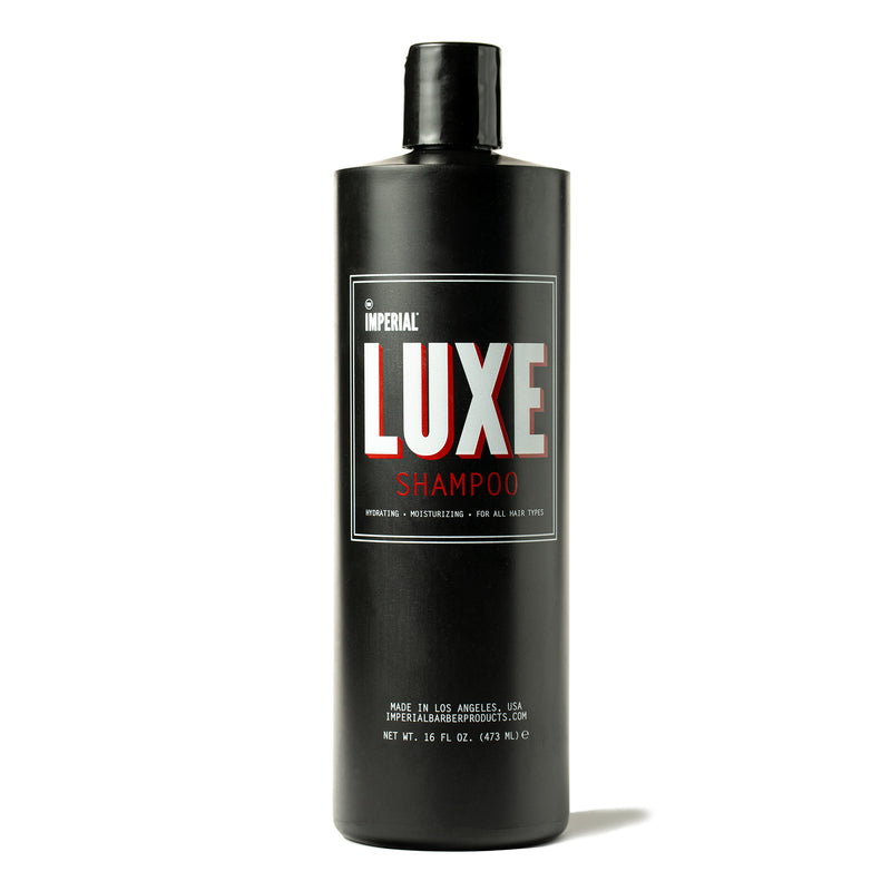 Front of a 16 oz black bottle of Imperial Luxe Shampoo, labelled hydrating, moisturizing, and for all hair types.