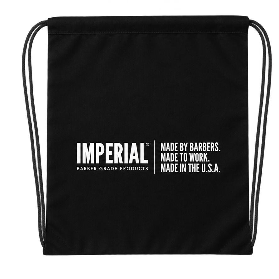 Black Imperial Barber drawstring bag printed with the Imperial Barber Grade Products logo and the words "Made by Barbers. Made to Work. Made in the U.S.A." in white.