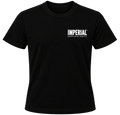 Front view of a black Imperial Barber Grade Products t-shirt with the Imperial logo printed in white on the left chest.