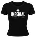 Front of the black Crown Women's Graphic Baby Tee with the Imperial Barber Grade Products logo printed in white on the chest.