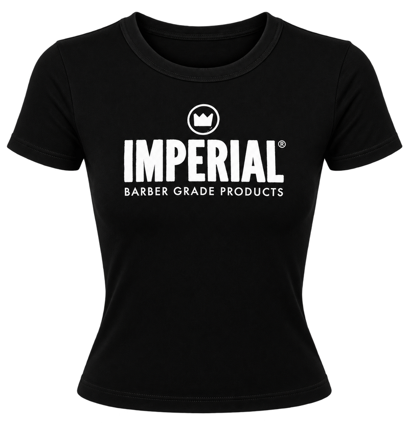 Front of the black Crown Women's Graphic Baby Tee with the Imperial Barber Grade Products logo printed in white on the chest.