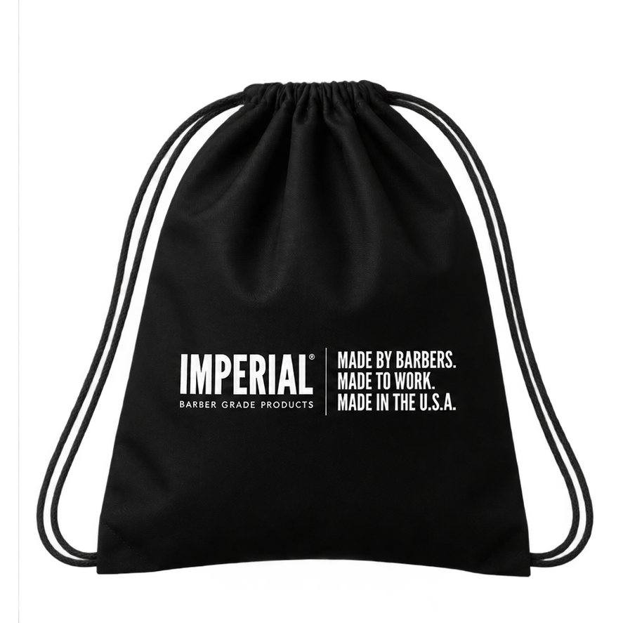 Black Imperial Barber Grade Products drawstring bag with white logo and "Made by Barbers. Made to Work. Made in the U.S.A." text on the front.