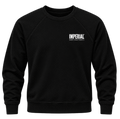 Front view of the black Imperial Barber Grade Products crewneck sweatshirt, showing a small white Imperial logo on the left chest.