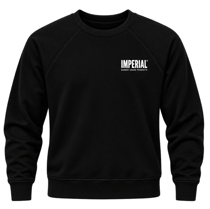 Front view of the black Imperial Barber Grade Products crewneck sweatshirt, showing a small white Imperial logo on the left chest.