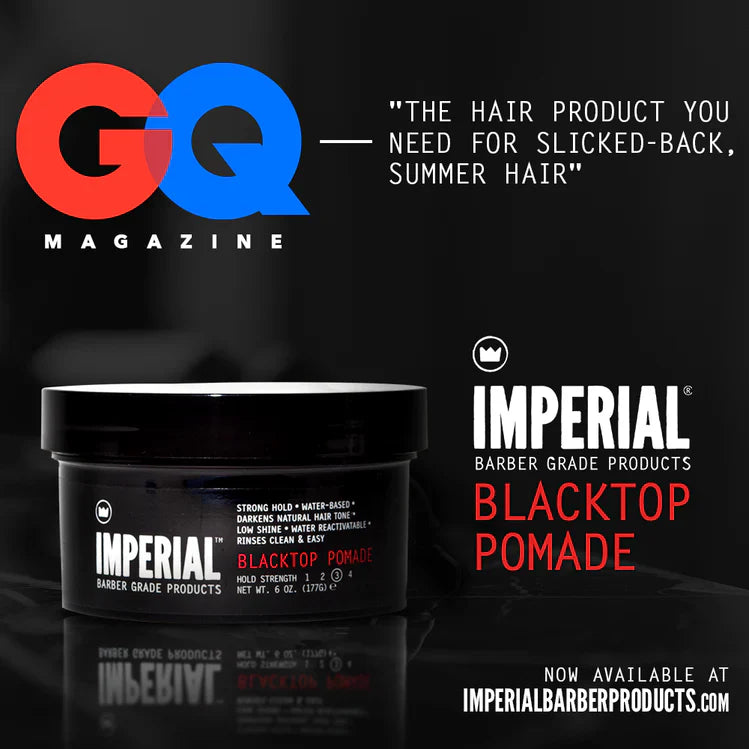GQ Magazine promotional graphic for Imperial Blacktop Pomade 6 oz, quoting it as the hair product you need for slicked-back summer hair.