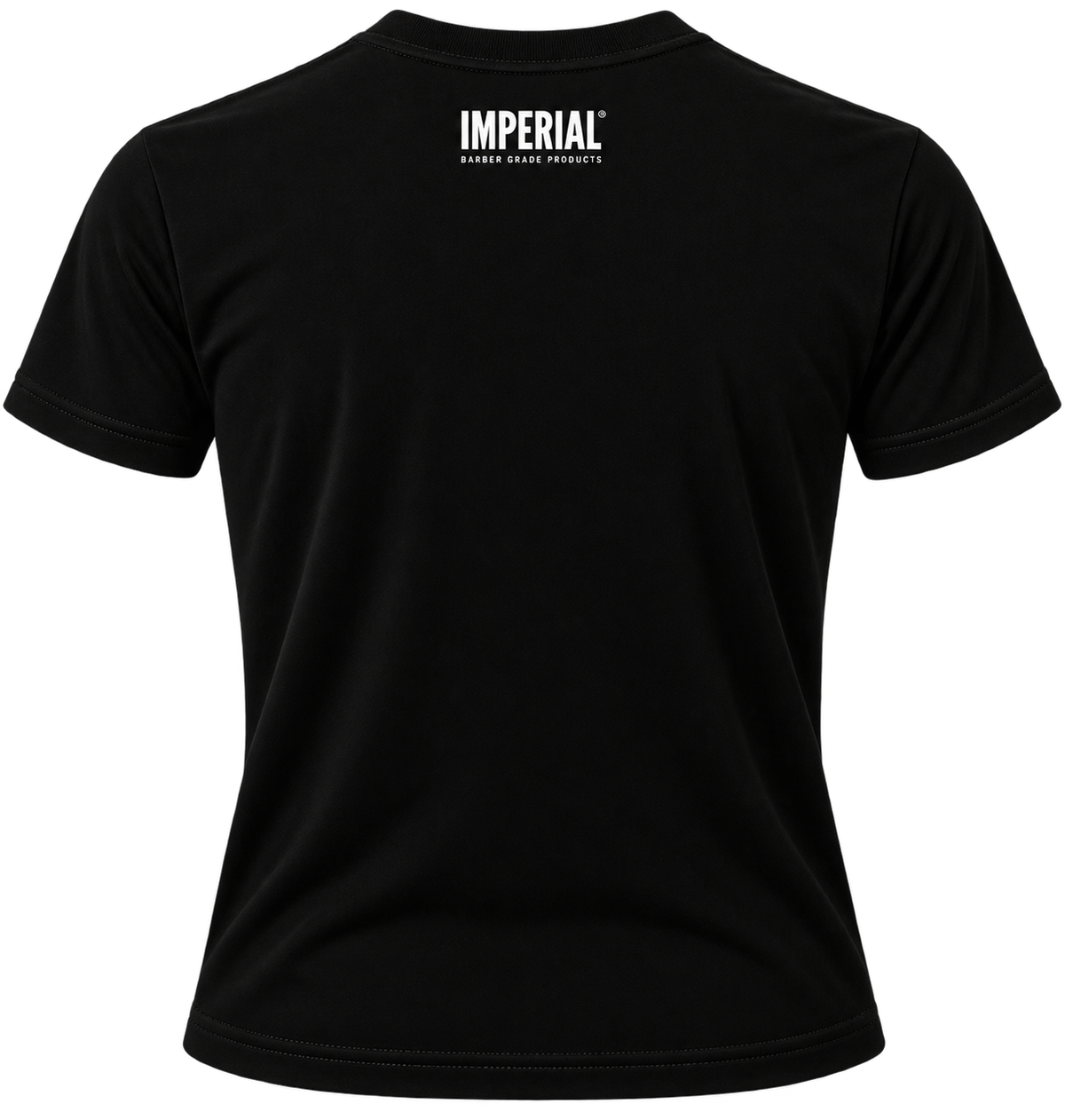 Back view of the black Made Graphic T-shirt showing a small Imperial Barber Grade Products logo at the nape.