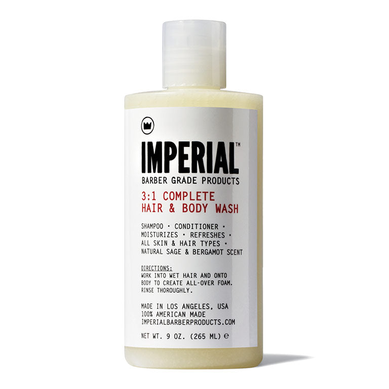 Front view of Imperial Barber Grade Products 3:1 Complete Hair and Body Wash, 9 oz bottle, with natural sage and bergamot scent.
