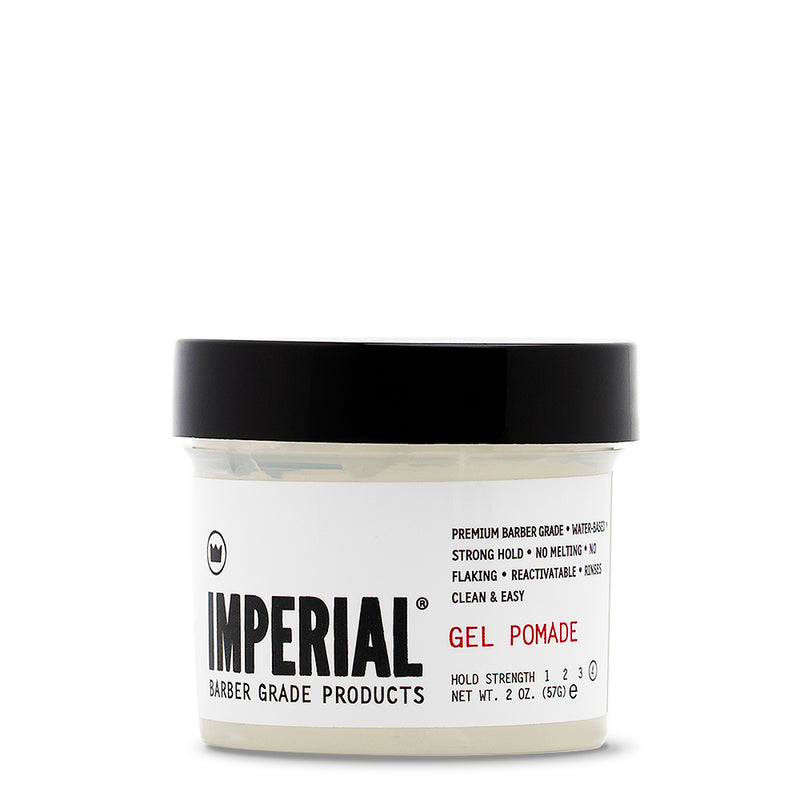 Front view of the Imperial Barber Grade Products Gel Pomade in a 2 oz travel-size tub with a black lid.