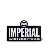 Imperial Barber Grade Products enamel pin with white lettering and crown icon on a black rectangular badge.