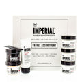 Imperial Barber Grade Products Travel Assortment kit box with six included styling products arranged in front, including Freeform Cream tube, Gel Pomade, Matte Pomade, and Classic Pomade tubs.