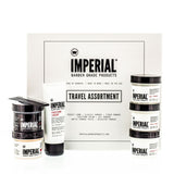 Imperial Barber Grade Products Travel Assortment kit box with six included styling products arranged in front, including Freeform Cream tube, Gel Pomade, Matte Pomade, and Classic Pomade tubs.