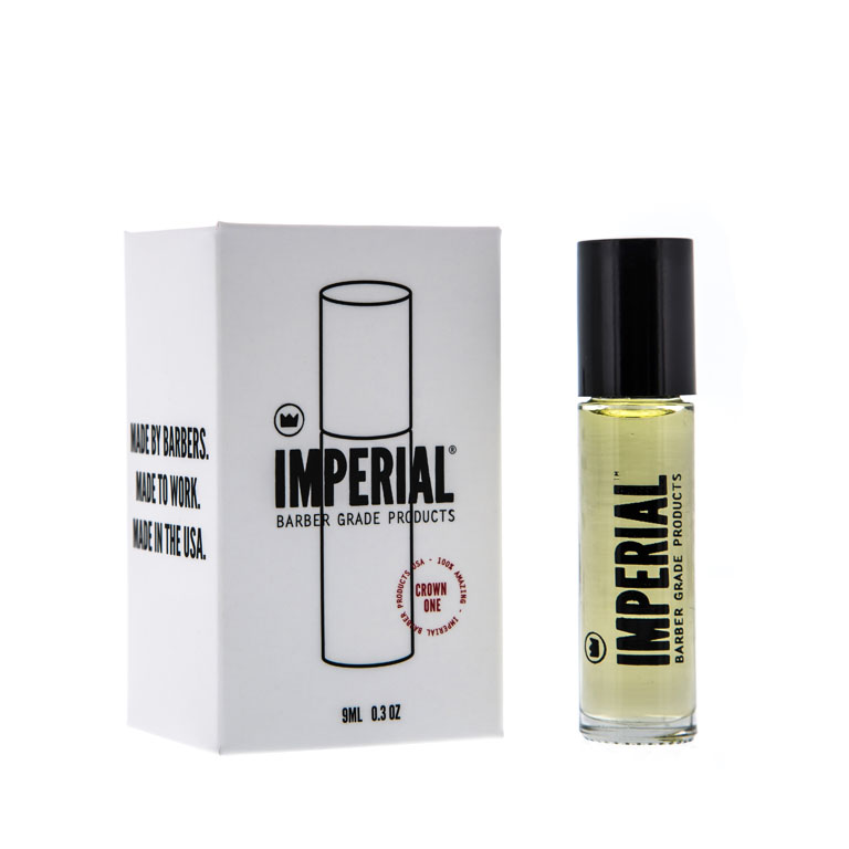 Imperial Barber Grade Products Crown One Roll-On Cologne, 9 ml glass roller bottle, shown beside its white retail box.