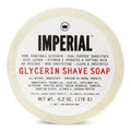 Top-down view of the Imperial Barber Grade Products Glycerin Shave Soap puck, 6.2 oz, showing the full ingredient list and clear unscented soap visible around the label.