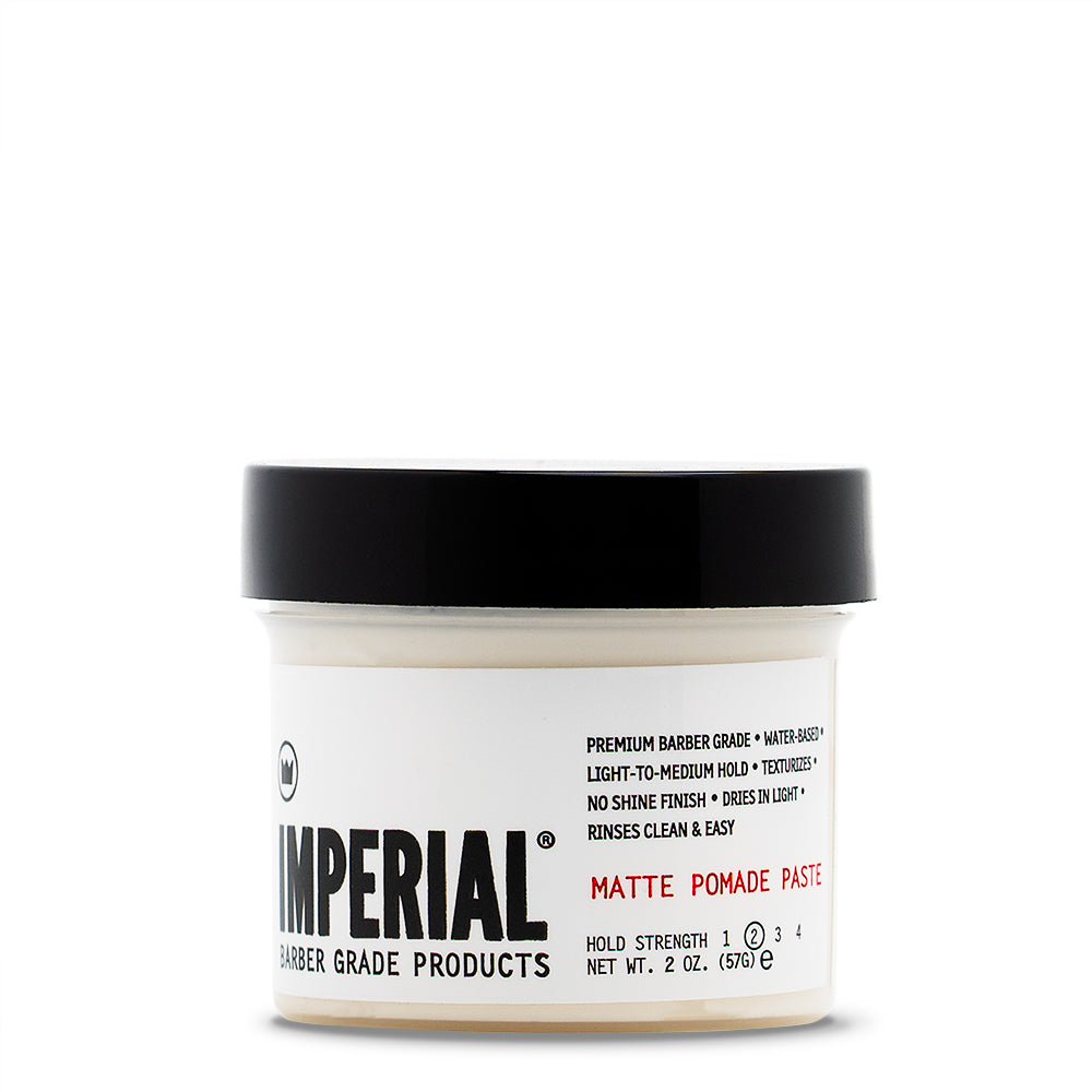 Front view of the Imperial Matte Pomade Paste 2 oz travel-size tub with black lid, showing light-to-medium hold, no-shine finish label.