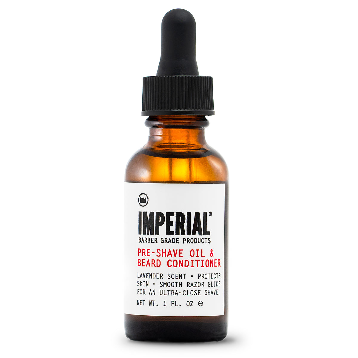 Imperial Barber Grade Products Pre-Shave Oil and Beard Conditioner in a 1 fl oz amber dropper bottle, lavender scent.
