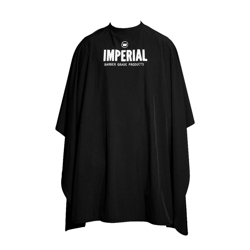 Full-length black barber cape with Imperial Barber Grade Products logo printed in white on the chest.