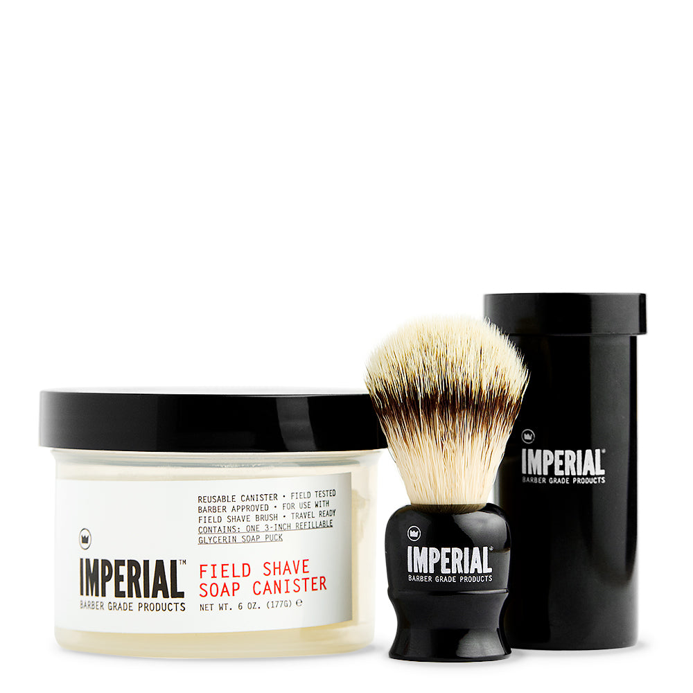 Imperial Simple Shave Set showing the Field Shave Soap Canister 6 oz, a shave brush, and its black travel tube on a white background.