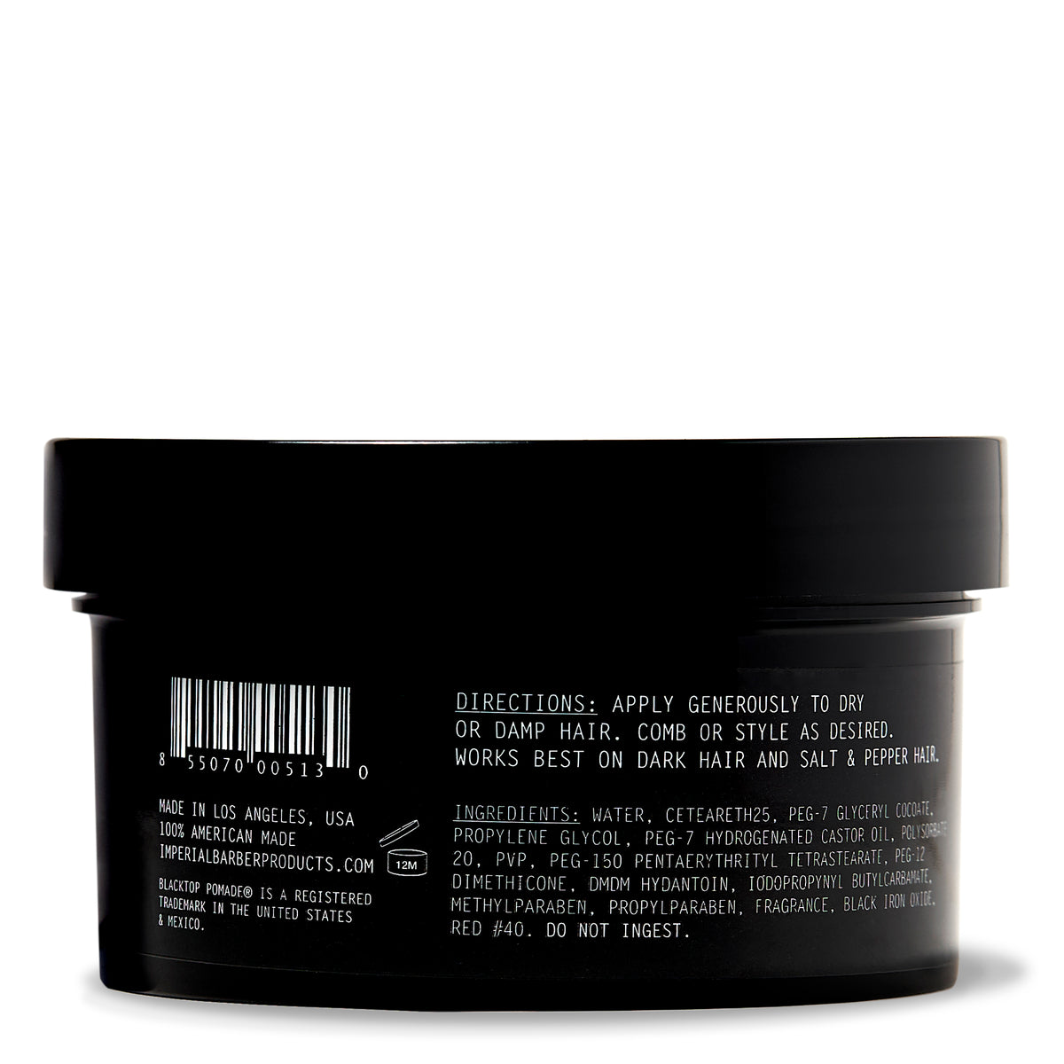 Back label of Imperial Blacktop Pomade 6 oz showing directions, ingredients list, and made-in-Los-Angeles callout on a matte black tub.