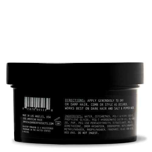 Back label of Imperial Blacktop Pomade 6 oz showing directions, ingredients list, and made-in-Los-Angeles callout on a matte black tub.