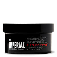 Front view of Imperial Barber Grade Products Blacktop Pomade in a gloss black 6 oz tub, labeled hold strength 3 with medium-strong hold and low shine.