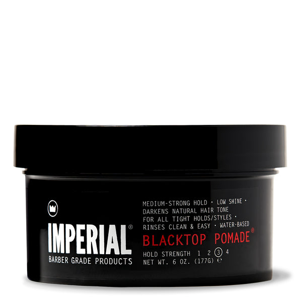 Front view of Imperial Barber Grade Products Blacktop Pomade in a gloss black 6 oz tub, labeled hold strength 3 with medium-strong hold and low shine.