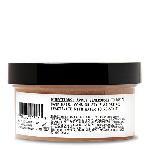 Back label of the Imperial Fiber Pomade 6 oz tub showing directions, ingredients list, and barcode.