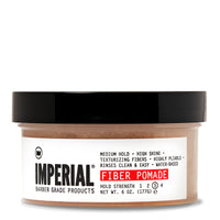 Front view of the Imperial Fiber Pomade 6 oz tub, showing hold strength 3 of 4, medium hold and high shine.