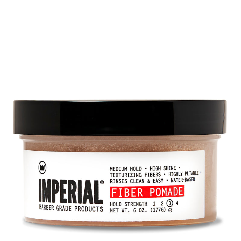 Front view of the Imperial Fiber Pomade 6 oz tub, showing hold strength 3 of 4, medium hold and high shine.