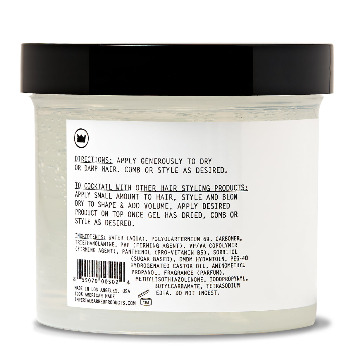 Back label of the Imperial Gel Pomade 12 oz tub showing directions, cocktailing instructions, and full ingredients list.