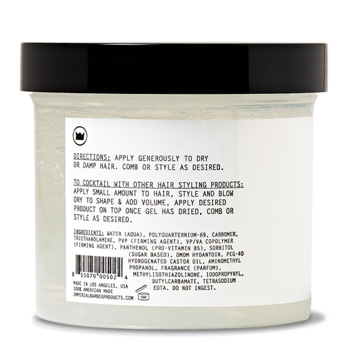 Back label of the Imperial Gel Pomade 12 oz tub showing directions, cocktailing instructions, and full ingredients list.