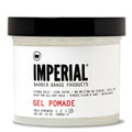 Front view of Imperial Barber Grade Products Gel Pomade in a clear 12 oz tub, labeled hold strength 4 with strong hold and high shine.